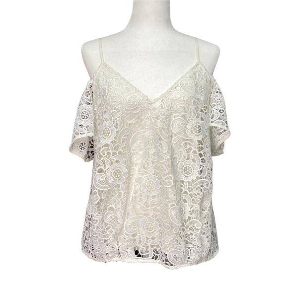 LIKELY for REVOLVE | sz S Women's White V-Neck Crochet Lace Cold Shoulder Blouse - Picture 2 of 7